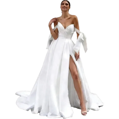 Customized Elegant Simple Satin Sweetheart Wedding Dresses Women Bow Pleated High Slit Bridal Gowns Button A-line Bride Dress