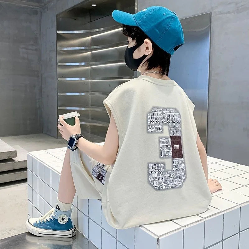 Summer Boys Loose Sleeveless Printed T-Shirt Tops+Shorts Pant School Kids 2PCS Tracksuit Child Outfit Student Workout Set 5-16Yr