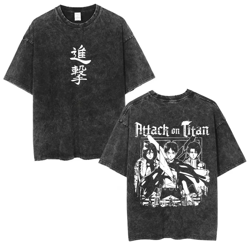 Anime Attack on Titan Washed T-Shirt Ackerman Mikasa Eren Jaeger Cherry Blossom Graphics Logo T Shirt Men Women Cotton T Shirts