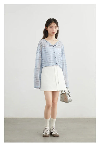Korean Women T-Shirts Loose Casual New Striped Long Sleeve Sunscreen Shirt Designed Female Tees Summer 2025