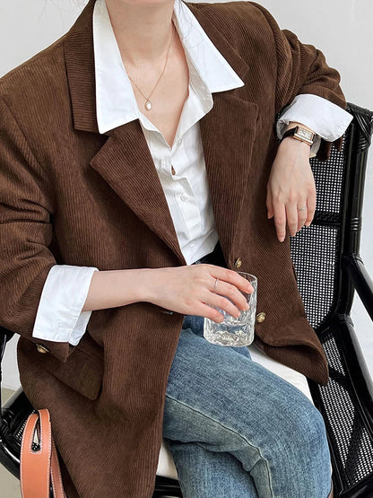 Brown Corduroy Suit Jackets Women's Spring New Fashion Loose Casual Blazers Notched Collar Single Breasted Pockets Female Tops
