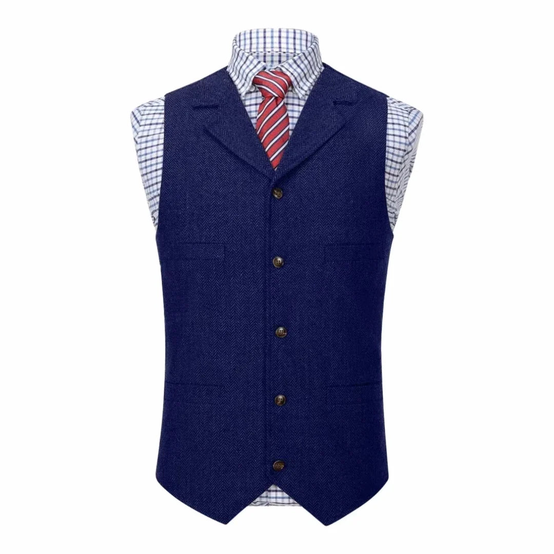 Men Vest Blue Herringbone With Lapel Single Button Waistcoat For Wedding Commute Business Office Work Daily Casual Men Suit Vest