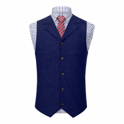 Men Vest Blue Herringbone With Lapel Single Button Waistcoat For Wedding Commute Business Office Work Daily Casual Men Suit Vest