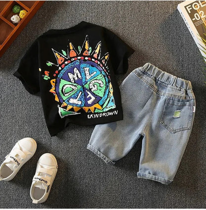 Korean Baby Boys Summer Sets Children's Clothing Short-Sleeved Letter T-Shirt & Denim Shorts Kids Boys Outfits Clothes 2-11Y