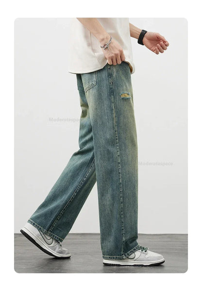 Korea Baggy Jeans Men's Vintage Straight Ripped Y2k Pants Fashion Frayed High Street Distressed Denim Trousers Male Clothes