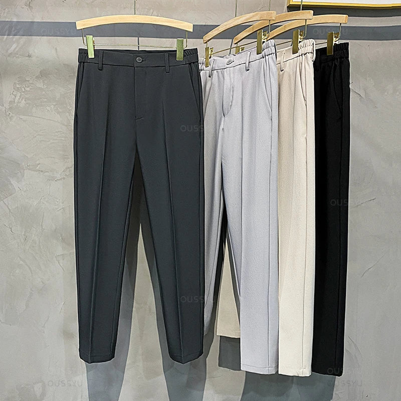 Summer Men's Casual Pants Suit Pant Slim Fit Work Elastic Waist Thin Jogging Business Trousers Male Black Grey Plus Size 40