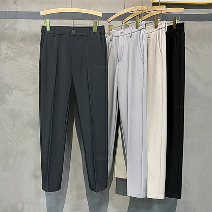 Summer Men's Casual Pants Suit Pant Slim Fit Work Elastic Waist Thin Jogging Business Trousers Male Black Grey Plus Size 40