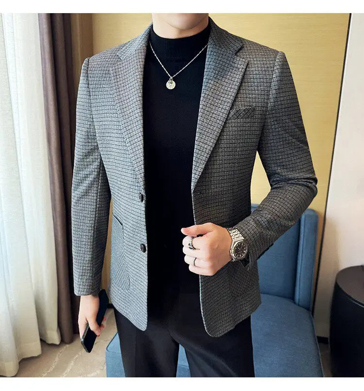 Men's Elegant Grid Suit Jacket 2026 Spring New Fashion Slim Blazer Jackets Social Prom Dress Jacket Men's High Quality Clothing