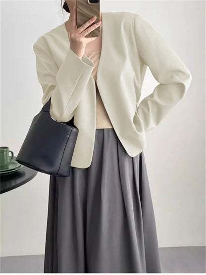2025 Spring Autumn Fashion New Women's Suit Jackets Solid Short Coats Korean Blazers Long Sleeve Cardigan Coat Without Placket