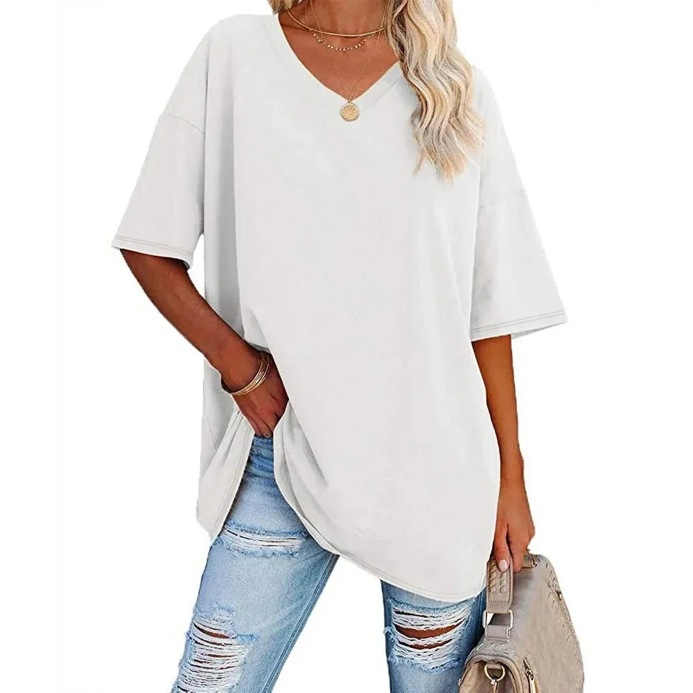 Women's Loose V-Neck Top Spring/Summer New Color Half Sleeve European American Style Clothing Amazon Foreign Trade