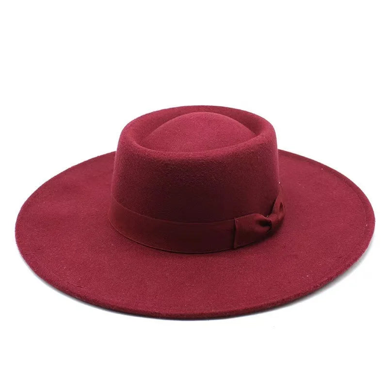 9.5cm Brim Round Top Hat Solid Color Fedoras Bow Flat Top Boater Style Panama Hats for Women Men Party Wedding Church Felt Caps