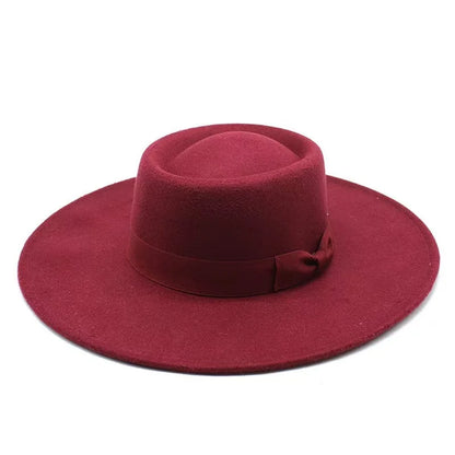 9.5cm Brim Round Top Hat Solid Color Fedoras Bow Flat Top Boater Style Panama Hats for Women Men Party Wedding Church Felt Caps