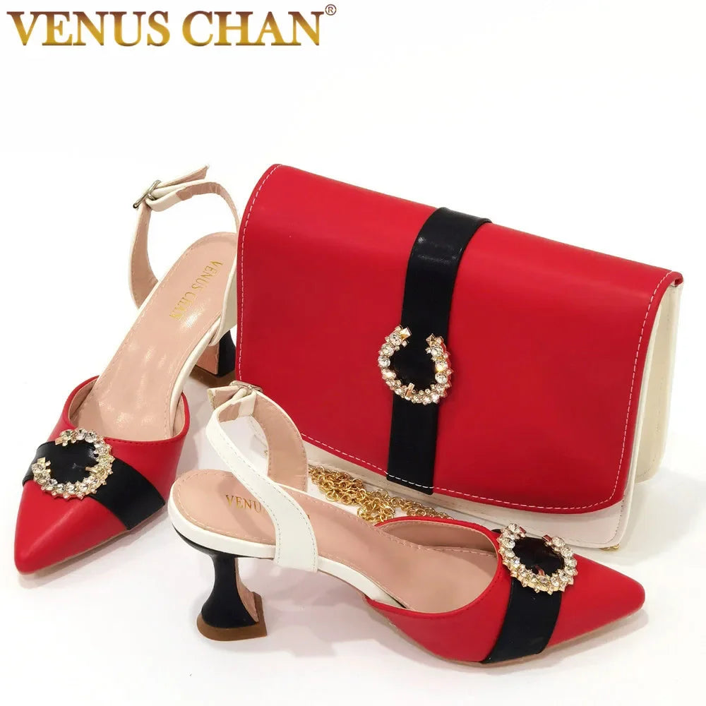 2022 Italian Design Leather Colorblock Pointed Toe High Heel Women's Sandals Fashion Everyday Matching Shoes and Bag Sets