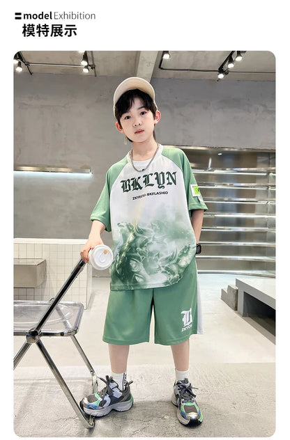 New Boys Clothing Sets Summer T-Shirt Short Sleeve+Shorts Kids Boy Sportsuit Children's Outfits Suit Teenager 5 6 8 10 12 14Yrs
