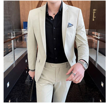 Men's Stylish Handsome Solid Color Suit Two-Piece Set M-4XL High Quality Formal Casual Banquet Fit Trousers Included
