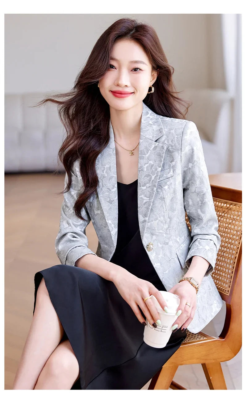 Women Blazer Office Lady 2024 Elegant Slim Notched Women Blazers Jackets Button Long Sleeve Decorative Pattern Female Suit Coat
