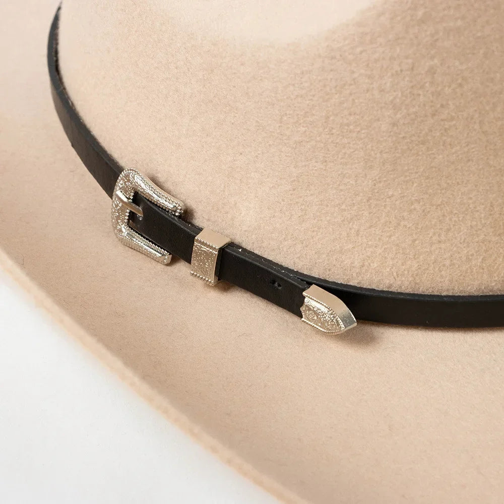 New Autumn Winter Women Fedoras with Belt Buckle Wide Brim Rolled Wool Cowboy Hat M L Size Obtainable