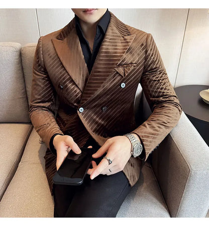 Autumn Winter New Velvet Suit Jacket Men Double-Breasted Striped Slim Fit Casual Coats High Quality Formal Business Tailcoat