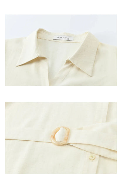 Women's Lapel Collar Long Sleeve Shirt 2026 Spring with Belted Waist Casual Loose Soft Beige Shirt Office Lady MXF13C2452