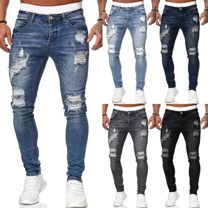 Ripped Men Jeans Denim Pant Mid Waist Slim Fit  Vintage Denim Wash Punk Style Skinny Pencil Pants Distressed Holes Ankle Length