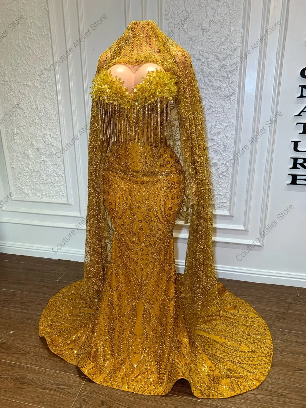 Glamorous Gold Stones Prom Dresses With Head Cover Beaded Rhinestones Mermaid African Wedding Dress Black Girls Customized