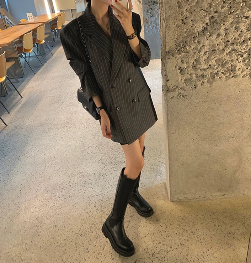 Ele Stripe Loose Faionable Suit Jaet with Belt Hong Kong Sle Retro Chic Top Women's Busin Casual Outerwear