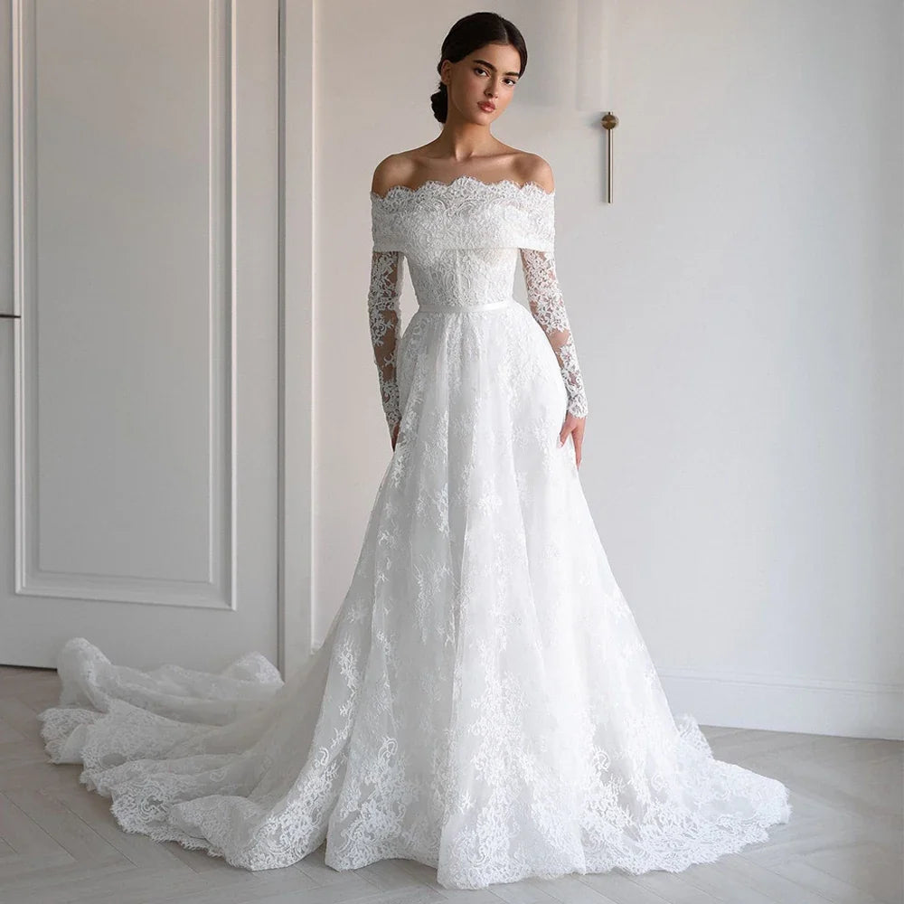 Customized Arabia Wedding Dress Gorgeous Boat Neck Long Sleeves Back Zipper Buttons Court Train Bridal Gown Vestido De Noiva