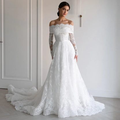 Customized Arabia Wedding Dress Gorgeous Boat Neck Long Sleeves Back Zipper Buttons Court Train Bridal Gown Vestido De Noiva
