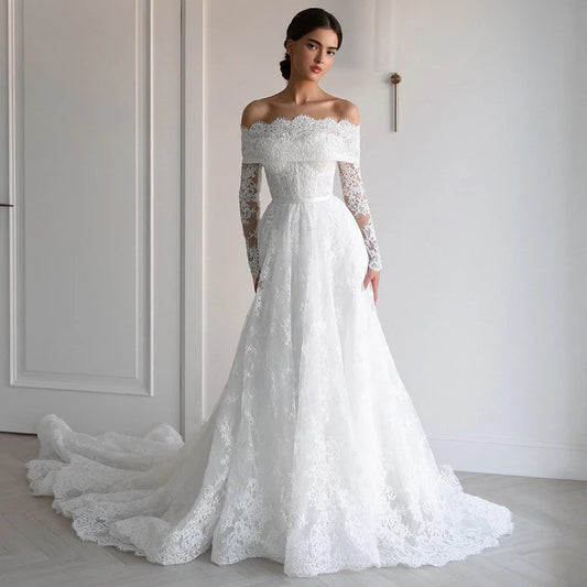 Customized Arabia Wedding Dress Gorgeous Boat Neck Long Sleeves Back Zipper Buttons Court Train Bridal Gown Vestido De Noiva