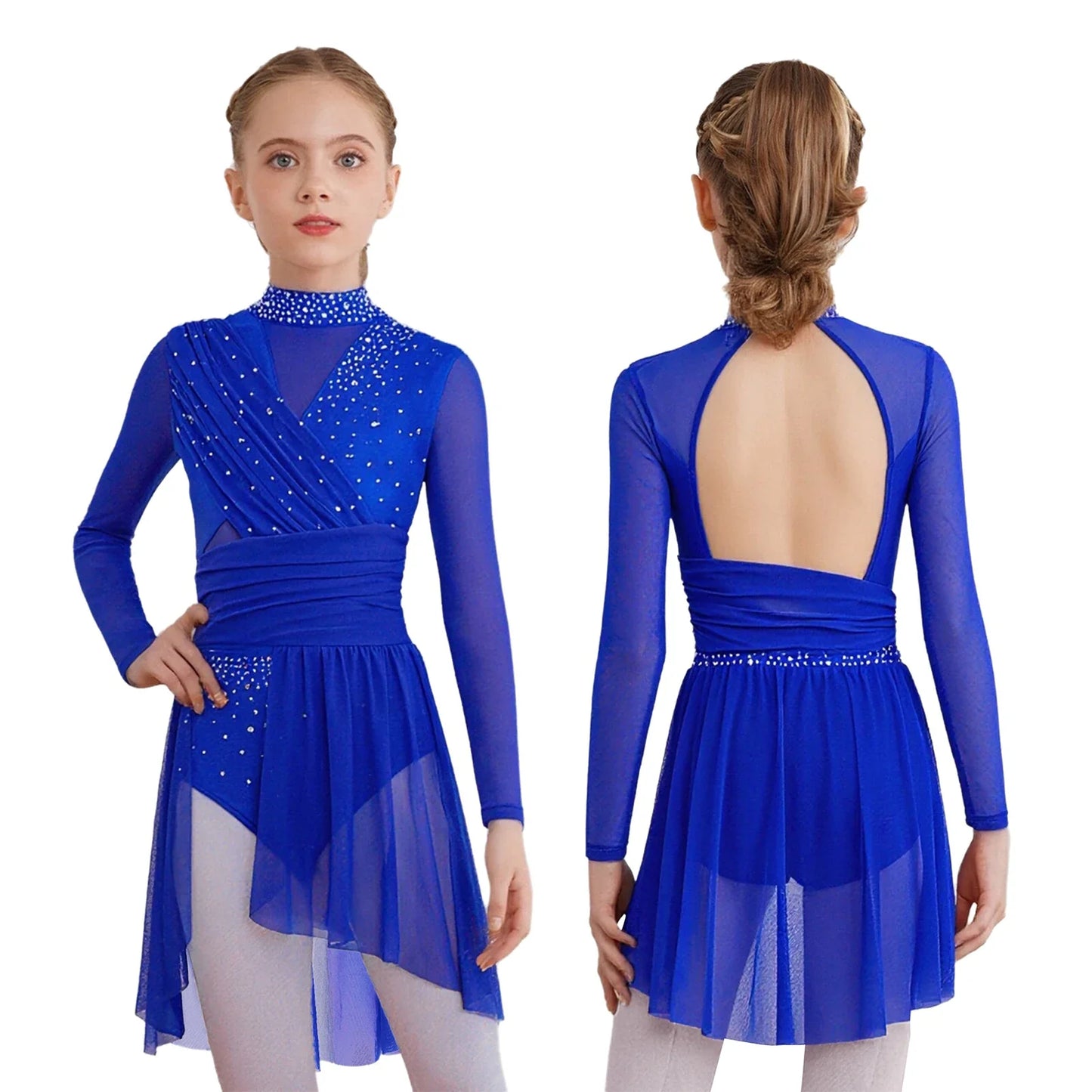 Kids Girls Gymnastics Figure Skating Ballet Lyrical Dance Costume Dress Side Split Sheer Mesh Ruched Glittery Rhinestones Dress