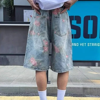 American Streetwear Washed Ripped Straight Jorts Men's Summer Floral Graphic Print Baggy Denim Shorts Hip Hop Fashion Short Jean