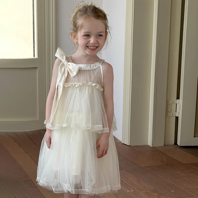 Girls Princess Dress Summer Kids French Sweet Sleeveless Bowknot Tulle Tutu Fluffy Birthday Party Pageant Dresses