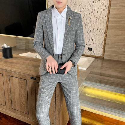 Autumn 2024 Men's Slim Fit Checkered Two-Piece Suit Korean Style Handsome Fashion Suit And Trousers Set