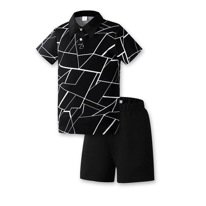 Tween Boy Summer 2pcs/Set Casual White Cracked Pattern Short Sleeve Tee & Plain Shorts Outfits