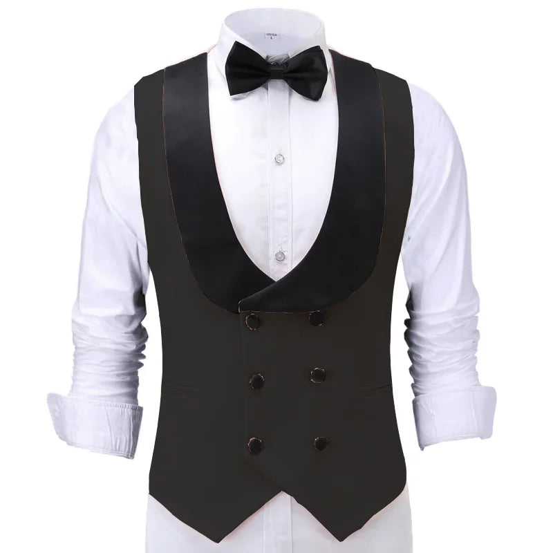 Men Vest Beige With Black Lapel Double Button Waistcoat For Banquet Birthday Wedding Business Work Formal Set Men Suit Vest