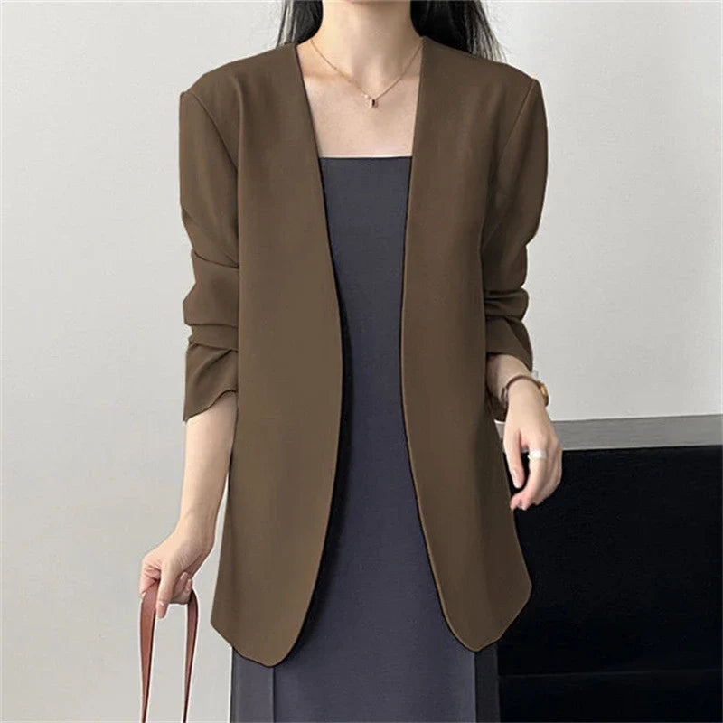 Fashion New Solid Casual Joker Women's Blazer Spring Autumn No Placket Cardigan Suit Jackets V-neck Long Sleeve 19-Color Coats