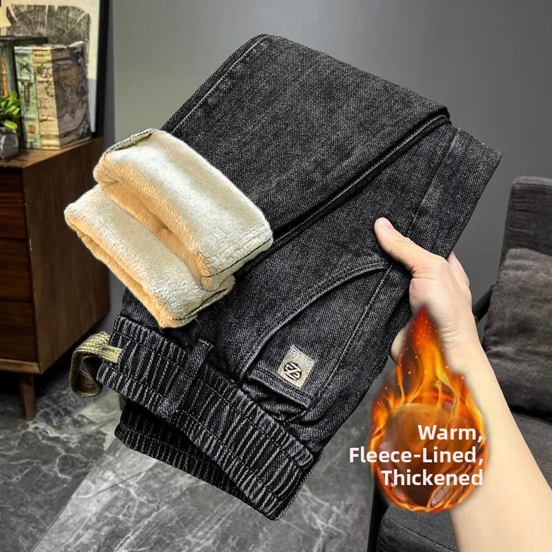 Warm Fleece Lined Elastic Waist Casual Straight Leg Men's Jeans Premium Quality Autumn Winter Thickened Stretch Denim Pants