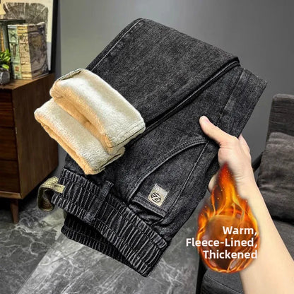 Warm Fleece Lined Elastic Waist Casual Straight Leg Men's Jeans Premium Quality Autumn Winter Thickened Stretch Denim Pants