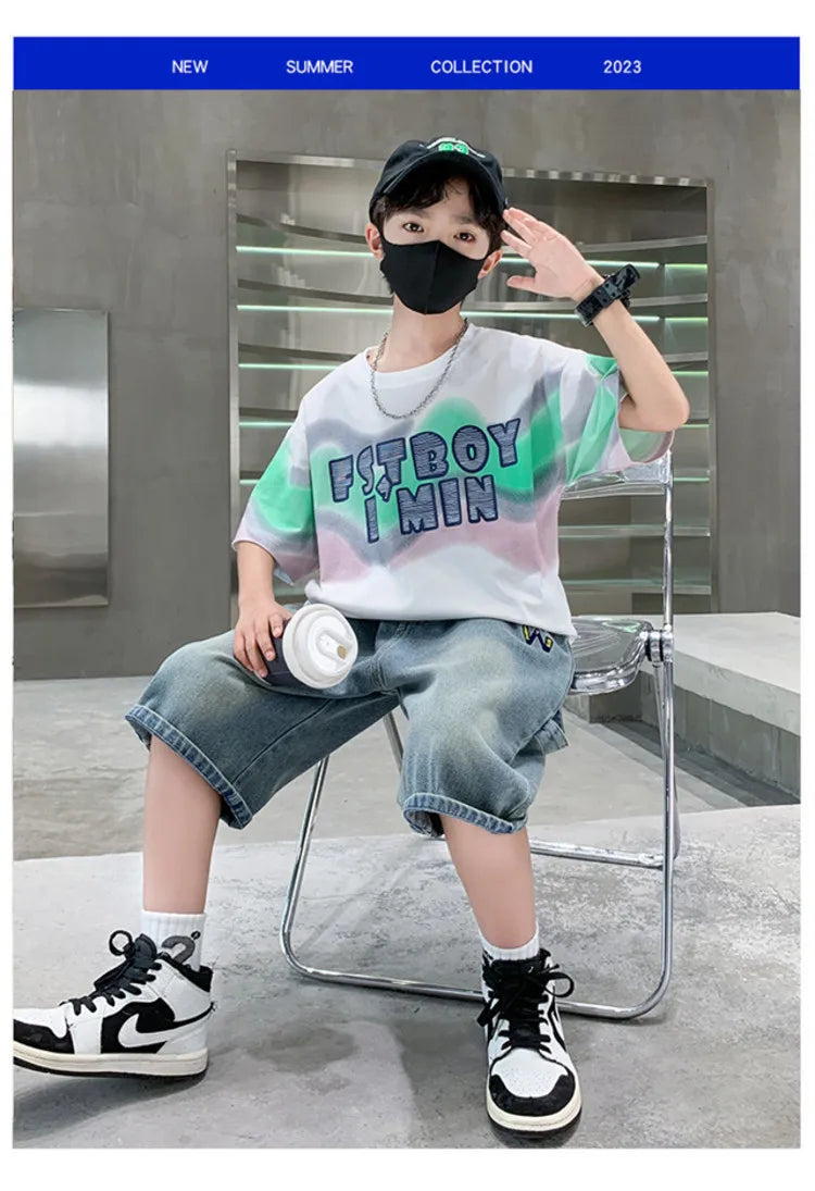 Summer Boy Denim Shorts and Top Clothes Set Outfit Kids Fashion 2-Piece Suit Korean Children Streetwear Tracksuit 5 6 7 9 10 14Y