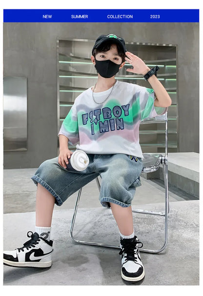 Summer Boy Denim Shorts and Top Clothes Set Outfit Kids Fashion 2-Piece Suit Korean Children Streetwear Tracksuit 5 6 7 9 10 14Y