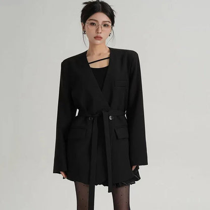 Fashion Collarless Blazers Jacket Ladies Korean Streetwear Design Belt Temperament Blazer Woman Chic Long Sleeve Loose Suit Coat
