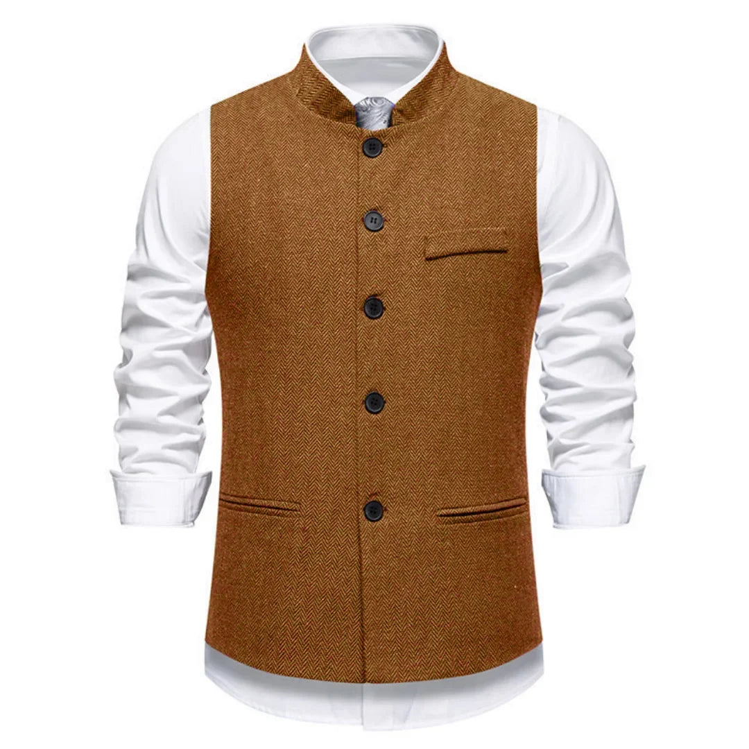 Men Vest Brown Herringbone Height Collar Single Button Waistcoat For Wedding Business Work Office Daily Casual Men Suit Vest