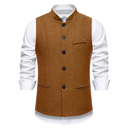 Men Vest Brown Herringbone Height Collar Single Button Waistcoat For Wedding Business Work Office Daily Casual Men Suit Vest