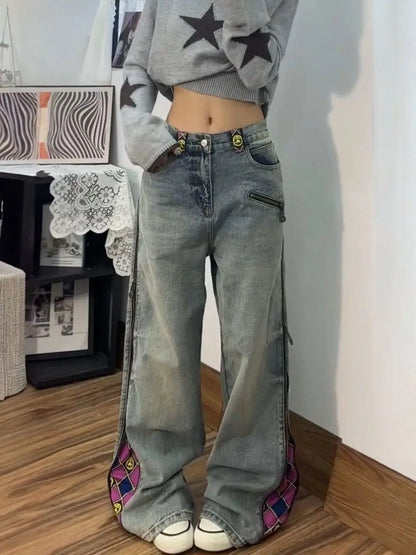 American Sle Zipper Plaid Printed Patchwork Loose Jeans For Men And Women Fashion High Waist Casual Vintage Straight Jeans