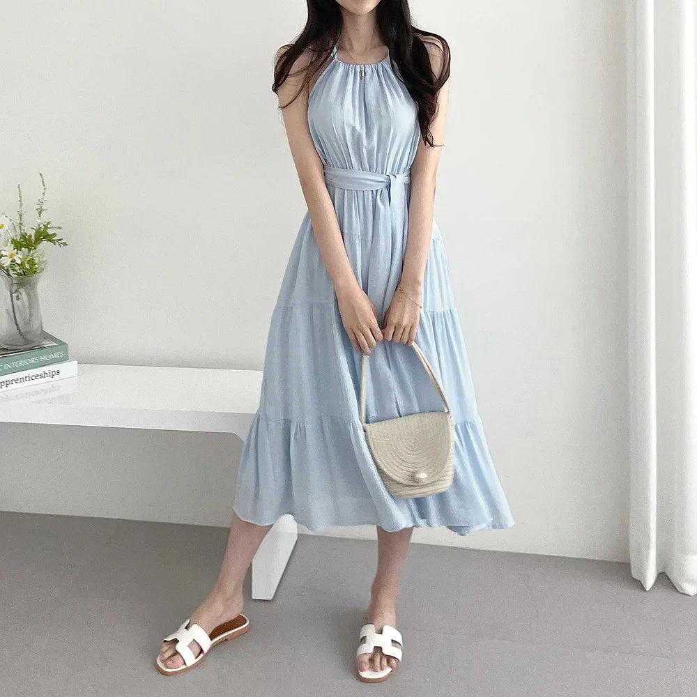 Korean Style Summer Slimming Necktie Waist Cinched Sleeveless Vest Long Dress Women's Fashionable Commute Style Inner Wear
