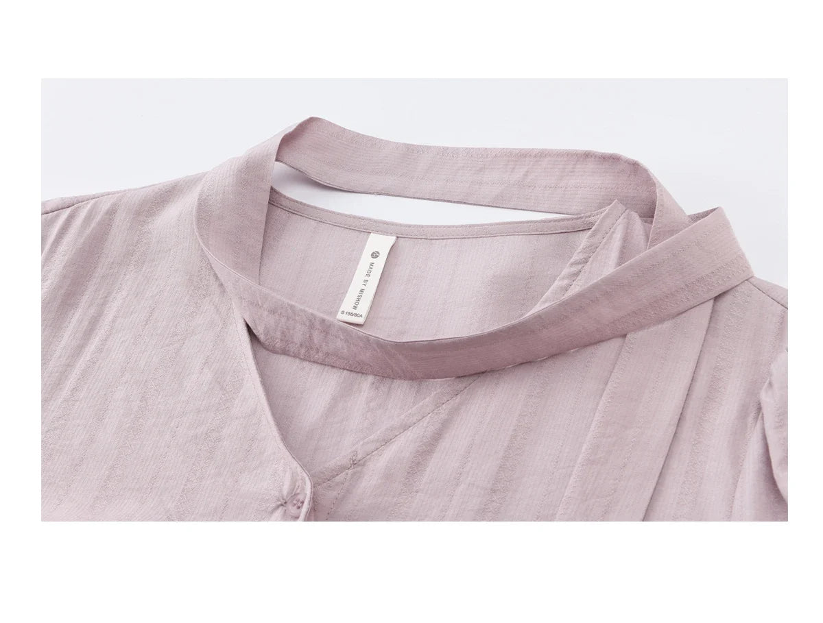 Women's Purple Sweet Shirts 2026 Spring Ribbon V-Neck Ruffled Asymmetrical Shirt Back Lace-up Waist Casual Top MXF13X2527