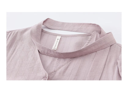 Women's Purple Sweet Shirts 2026 Spring Ribbon V-Neck Ruffled Asymmetrical Shirt Back Lace-up Waist Casual Top MXF13X2527