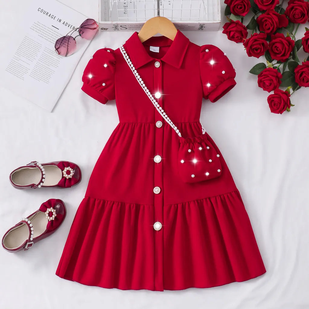 【Free Bag】 Toddler Girl Dress Summer Pearl Casual Cute Children Princess Dresses Birthday Party Kids Girls Dress 3 4 5 6 7 Yrs