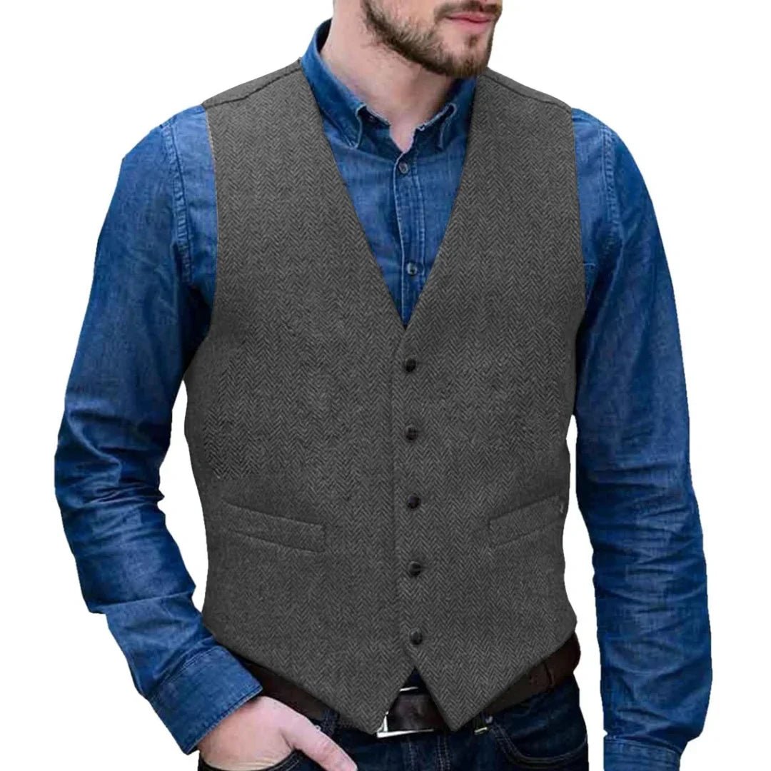 Men Vest Gray Herringbone Single Button V Neck Waistcoat For Wedding Business Casual Formal Wedding Daily Work Men Suit Vest