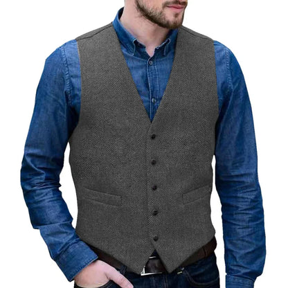 Men Vest Gray Herringbone Single Button V Neck Waistcoat For Wedding Business Casual Formal Wedding Daily Work Men Suit Vest